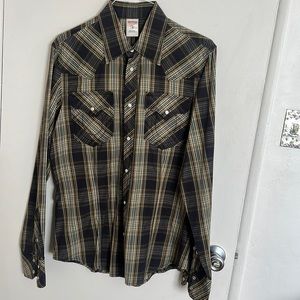 Men’s long sleeve plaid true religion pearl snap button collared shirt
